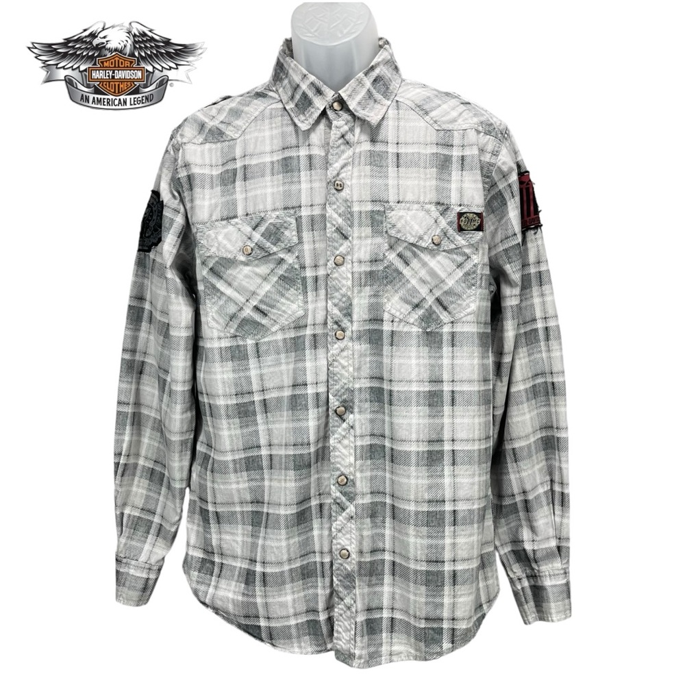 Harley-Davidson Men’s L Gray Plaid Pearl Snap‎ Western Shirt Patch Cotton